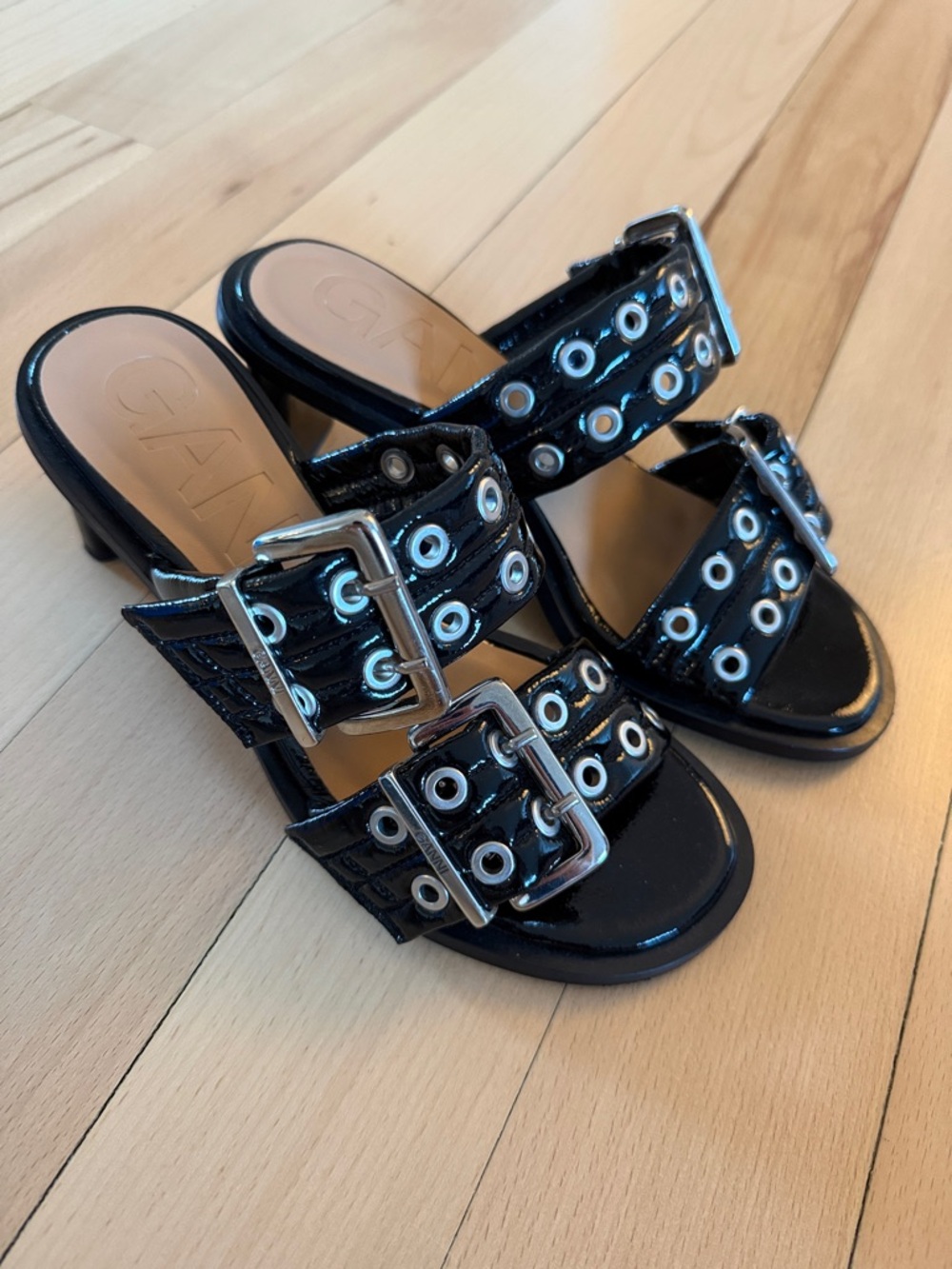 Ganni Black Patent Leather Grommet Buckle Mules - never used!